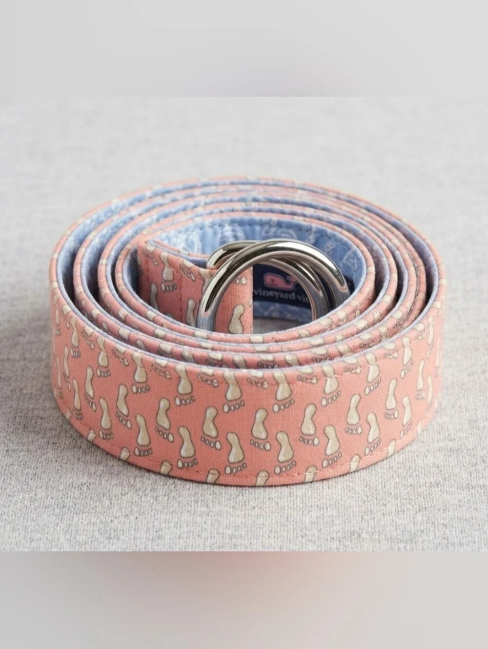 Vtg Vineyard Vines Mens Salmon Pink Footprint Cotton Canvas D-Ring Belt Medium